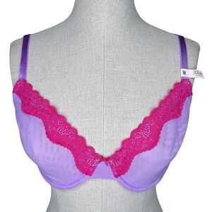 Victoria's Secret Tease Unlined Demi Bra sz 32DD * Pink Purple Sheer Mesh Sexy